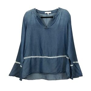 Fourteenth Place Shirt Womens XL Chambray Top Blue Boho Crochet Trim Sleeves‎